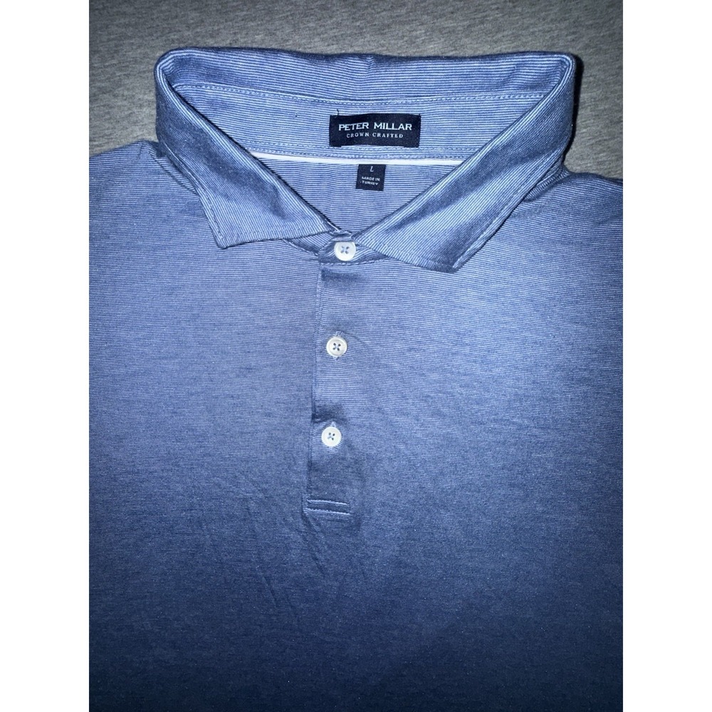 Peter Millar Crown Crafted Blue Micro-Stripe Polo Shirt Mens Large Golf Preppy